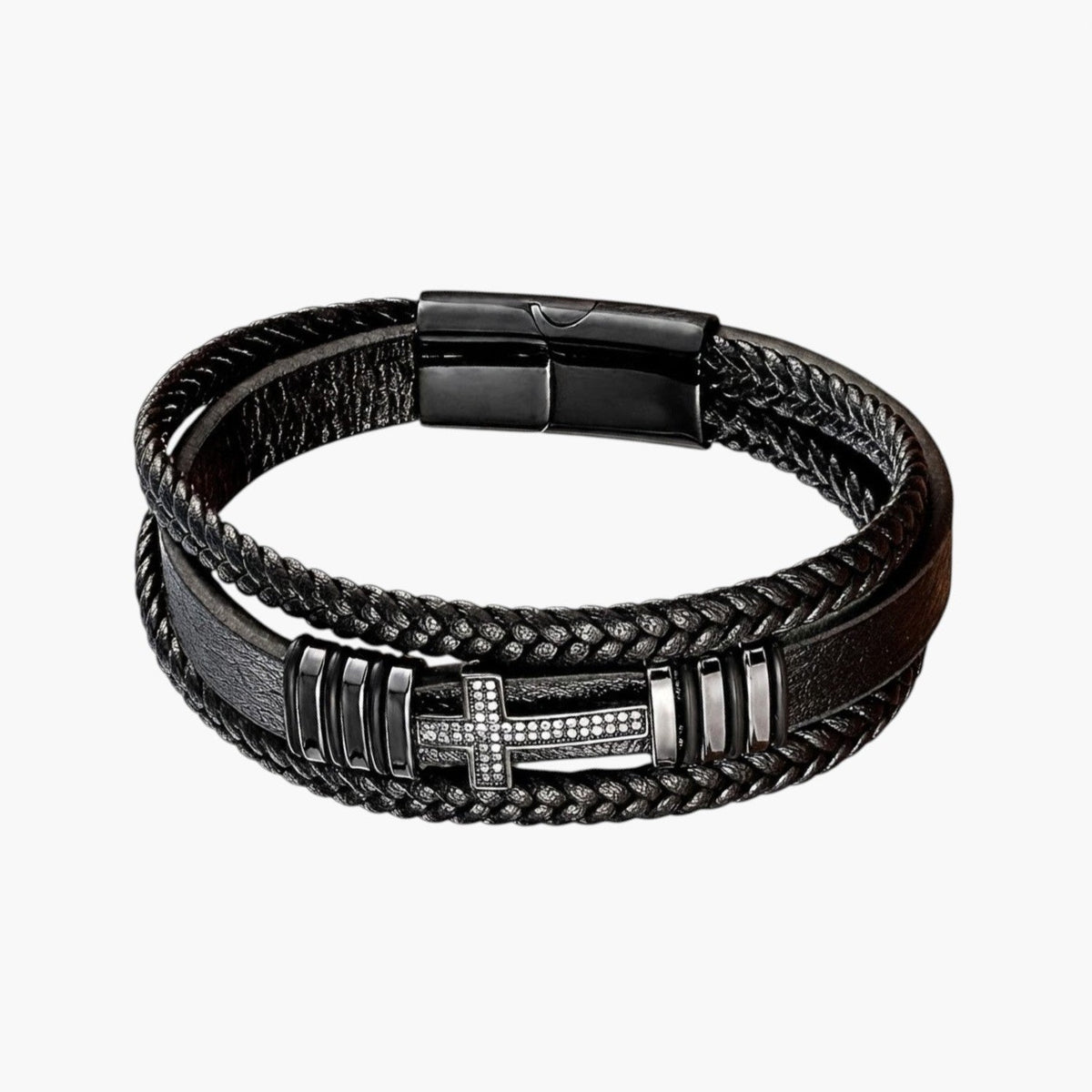 Pulseira Cruz em Couro e Aço Inoxidável