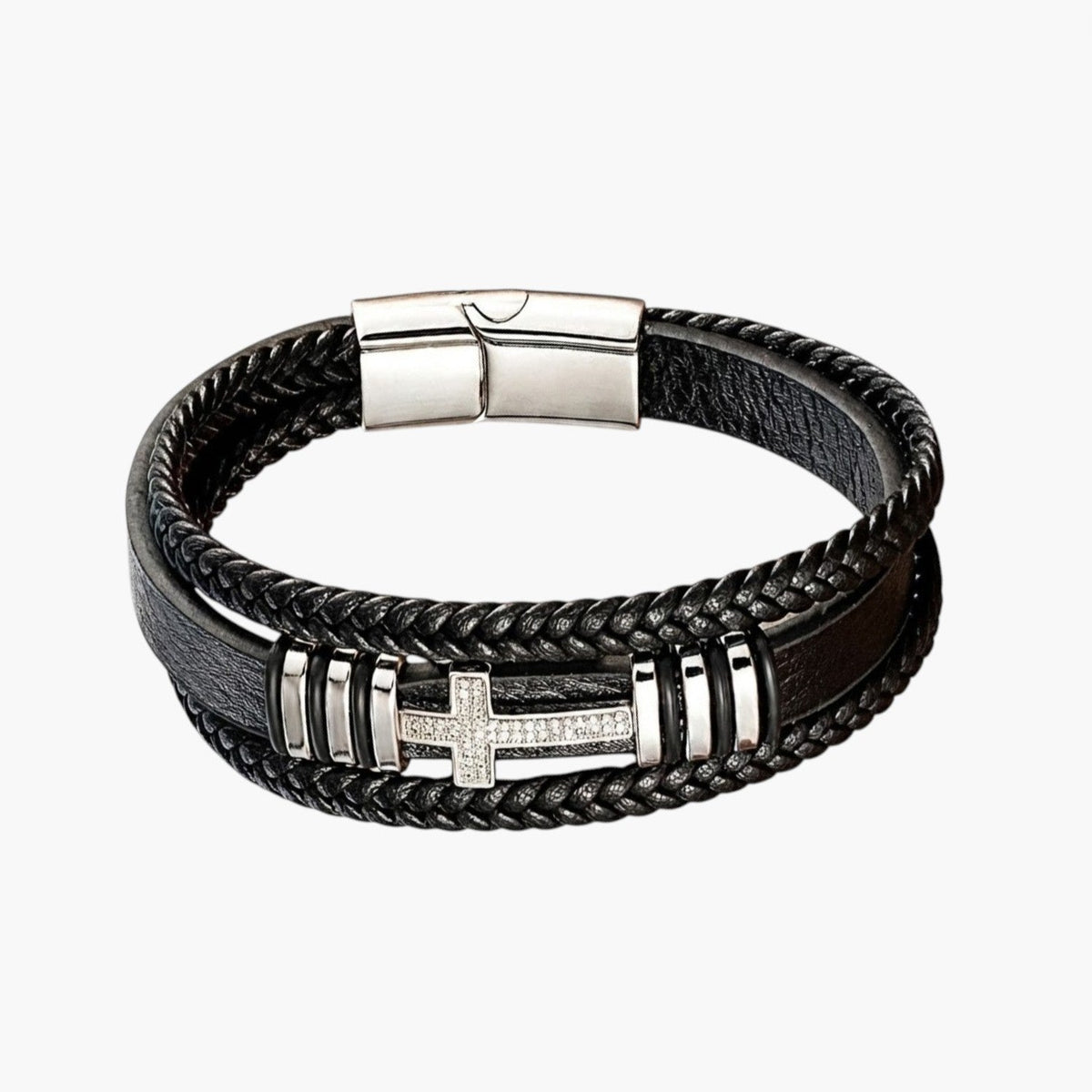Pulseira Cruz em Couro e Aço Inoxidável