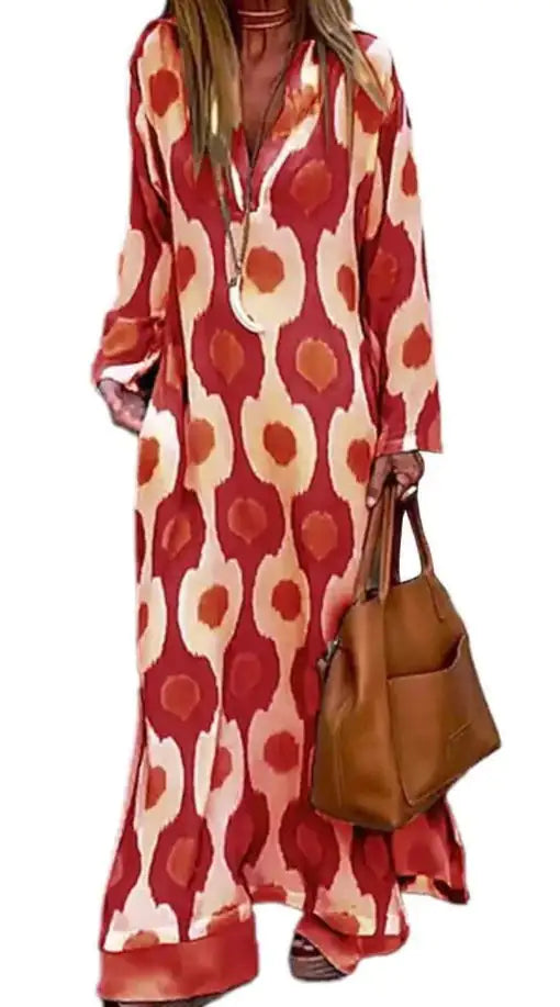 Boho Long Sleeve Printed Maxi Dress – Loose Fit V-Neck Kaftan Style