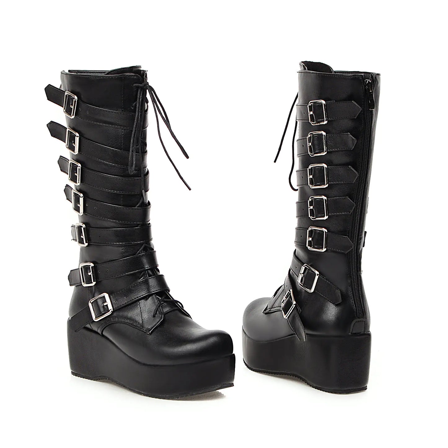Fashionable Mid-Calf Wedge Boots with Buckle