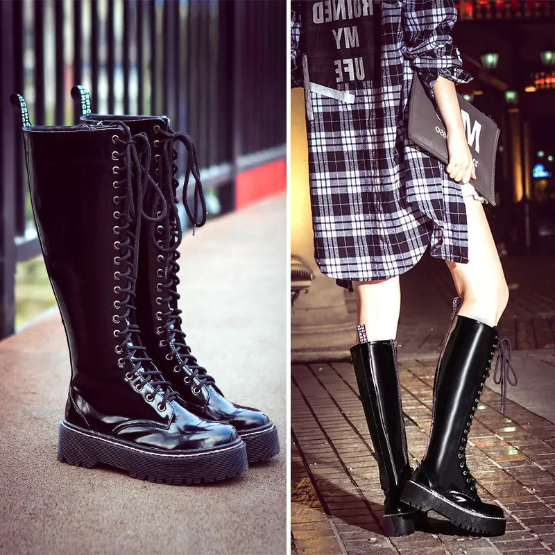 Women's Flat Martin Boots - Knee-High Style