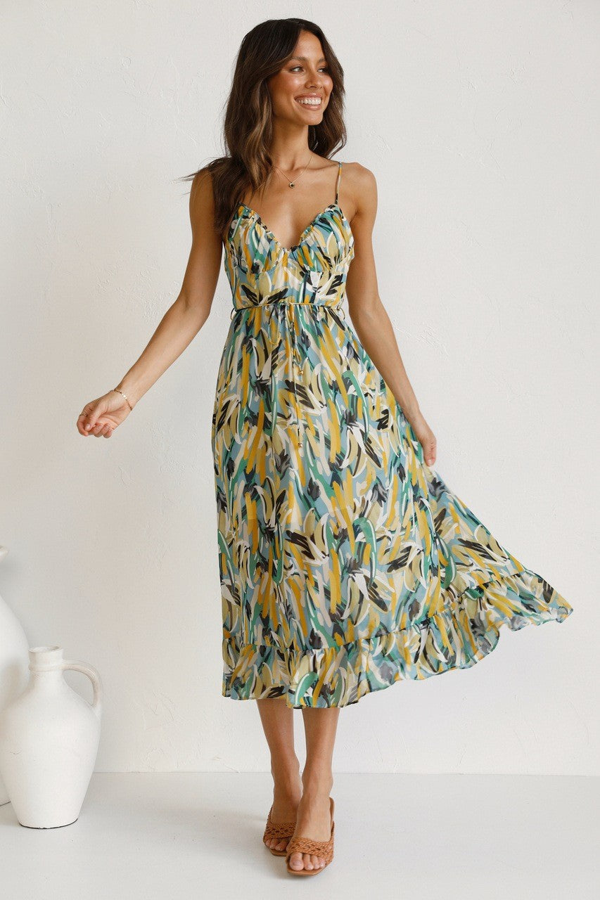 Colorful Midi Dress with Ruffle Hem – Summer Chic 🌞🌿