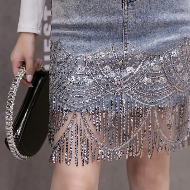 Elegant Sequin Embroidered Denim Skirt with Fringes