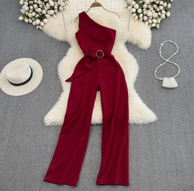 One-Shoulder SlimFit Jumpsuit – High-Waist Asymmetrical Style