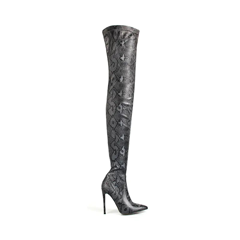 Women's Snakeskin Pointed Stiletto Knee High Boots