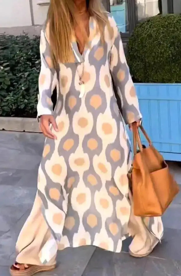 Boho Long Sleeve Printed Maxi Dress – Loose Fit V-Neck Kaftan Style