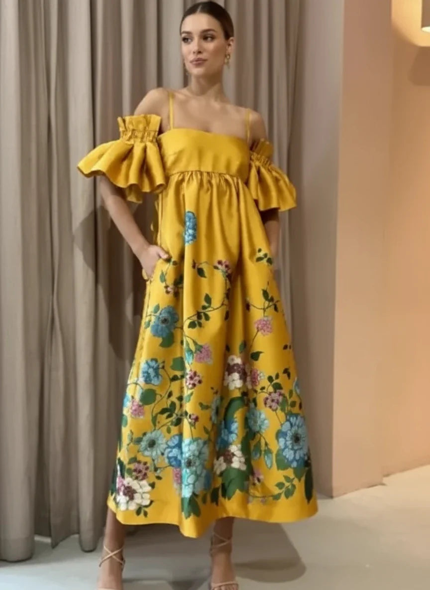 Floral Ruffle Off-Shoulder Maxi Dress – Summer Chic