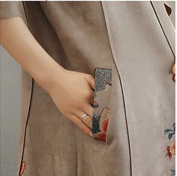 Floral Hem Suede Trench Coat – Elegant Long Wrap Coat for Women