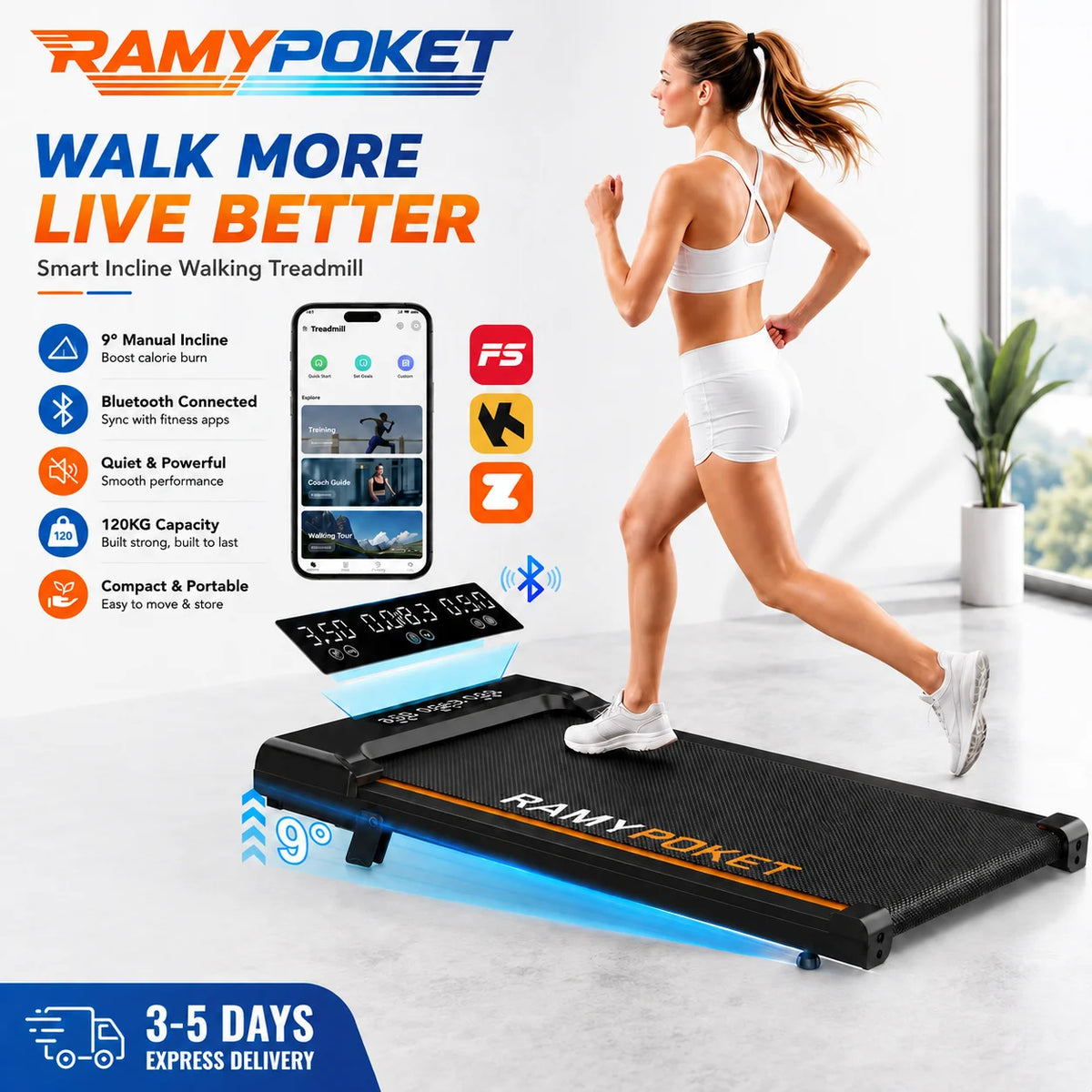 RAMYPOKET Foldable Walking Pad with 9% Incline Silent Motor Smart APP Three Window Display 1–8KM/H Speed 120KG Capacity Treadmill for Home Office