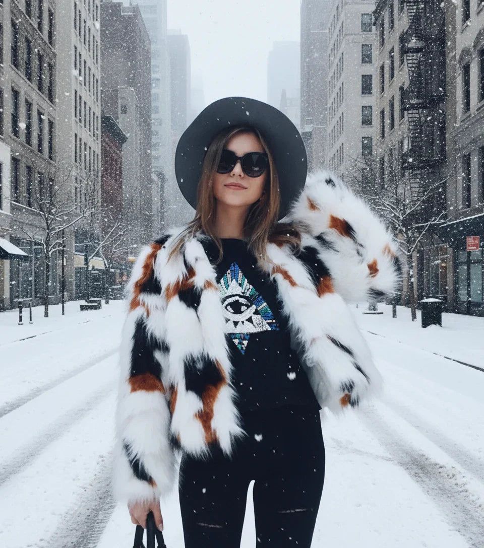 Western Cow Print Faux Fur Winter Coat – Women’s Statement Street Style