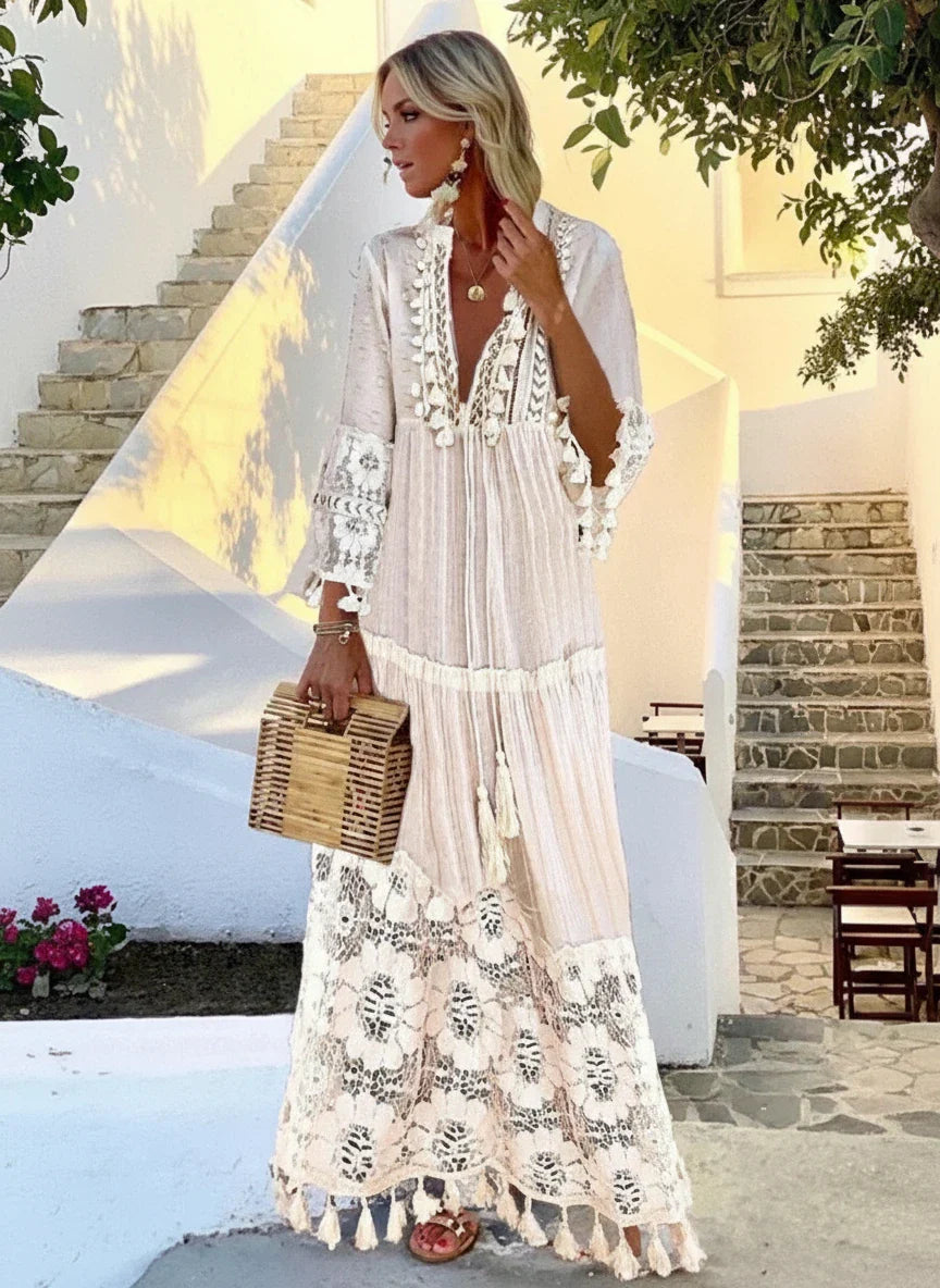 Boho Tassel Lace Maxi Dress – Embroidered Long Sleeve Beach Kaftan