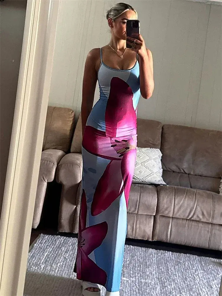 Floral Spaghetti Strap Maxi Dress – Slim Fit Summer Dress