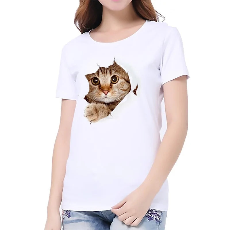Cute 3D Cat Print T-Shirt – Women’s Short Sleeve Funny Graphic Tee