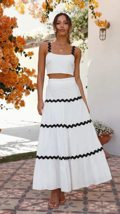 Boho Chic Two-Piece Set – Crop Top & Tiered Maxi Skirt