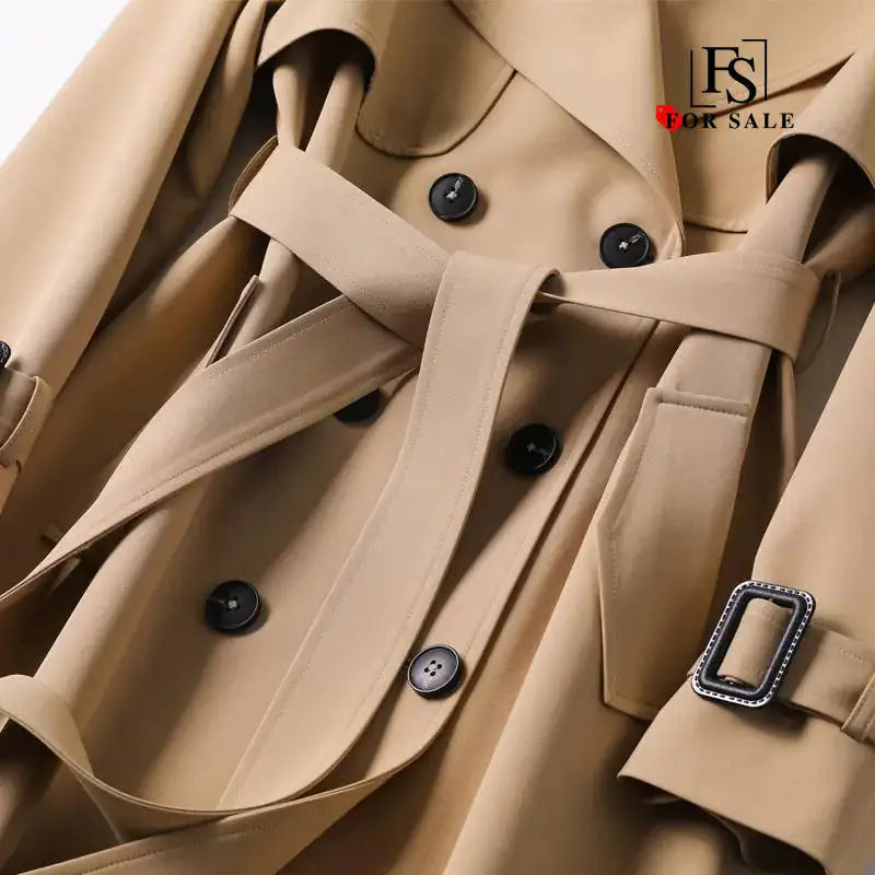 Classic Double-Breasted Trench Coat – Women’s Long Belted Overcoat with Plaid Lining