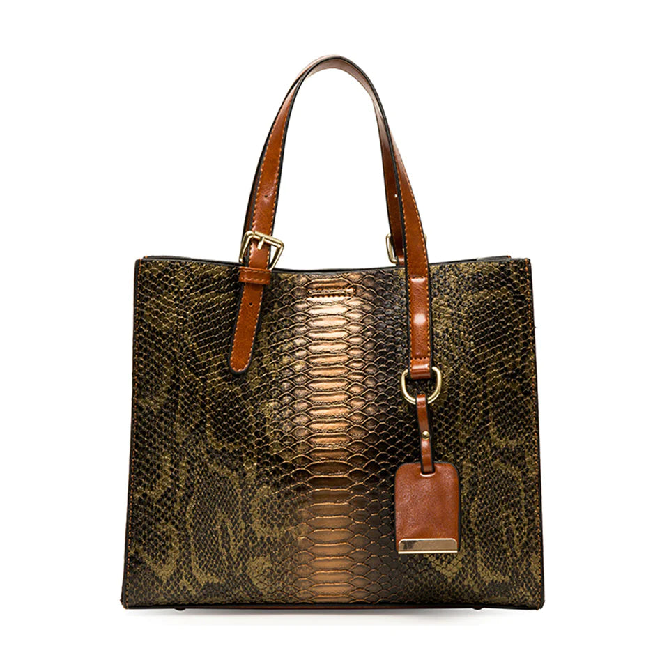 3-Piece Faux-Leather Handbag & Wallet Set – Vintage Snakeskin Accent