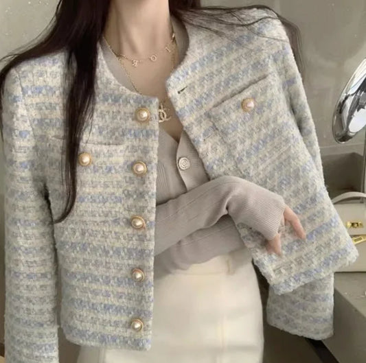 Women’s Tweed Cropped Jacket with Pearl Buttons – Elegant Short Blazer