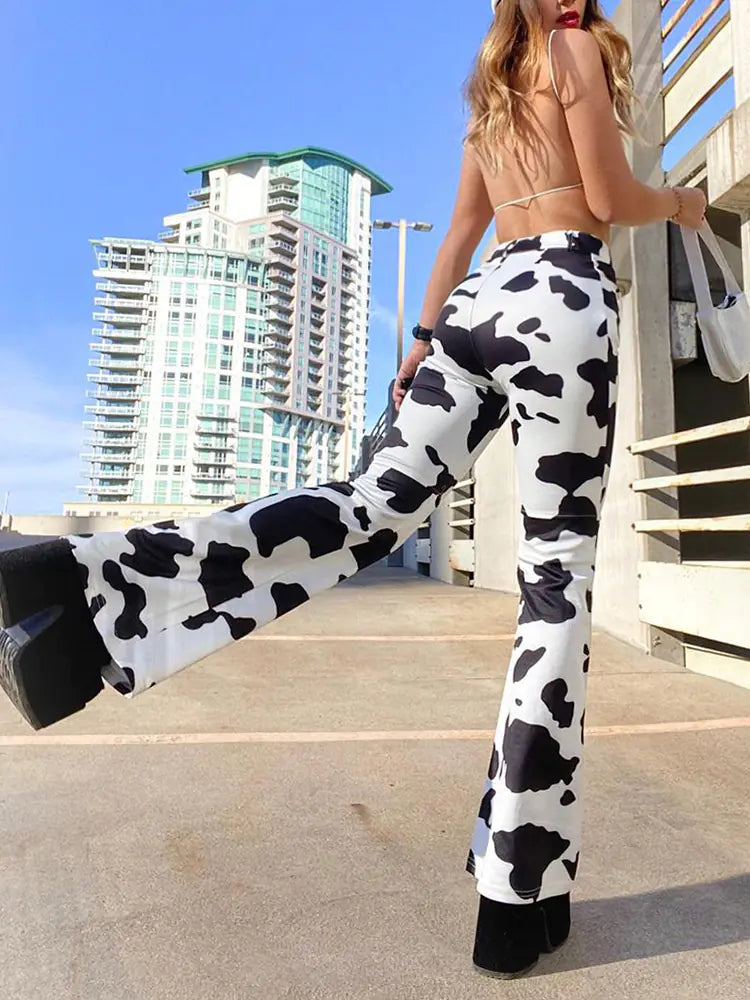 Cow Print High-Waisted Straight Leg Jeans – Black & White Denim