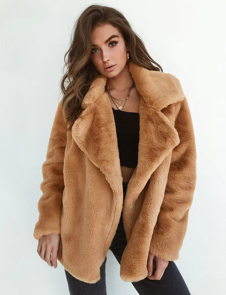Soft Plush Faux Fur Coat – Cozy Open Front Winter Jacket