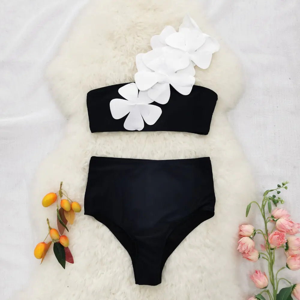 Black Floral Asymmetrical Bikini – High-Waist with 3D Flower Strap