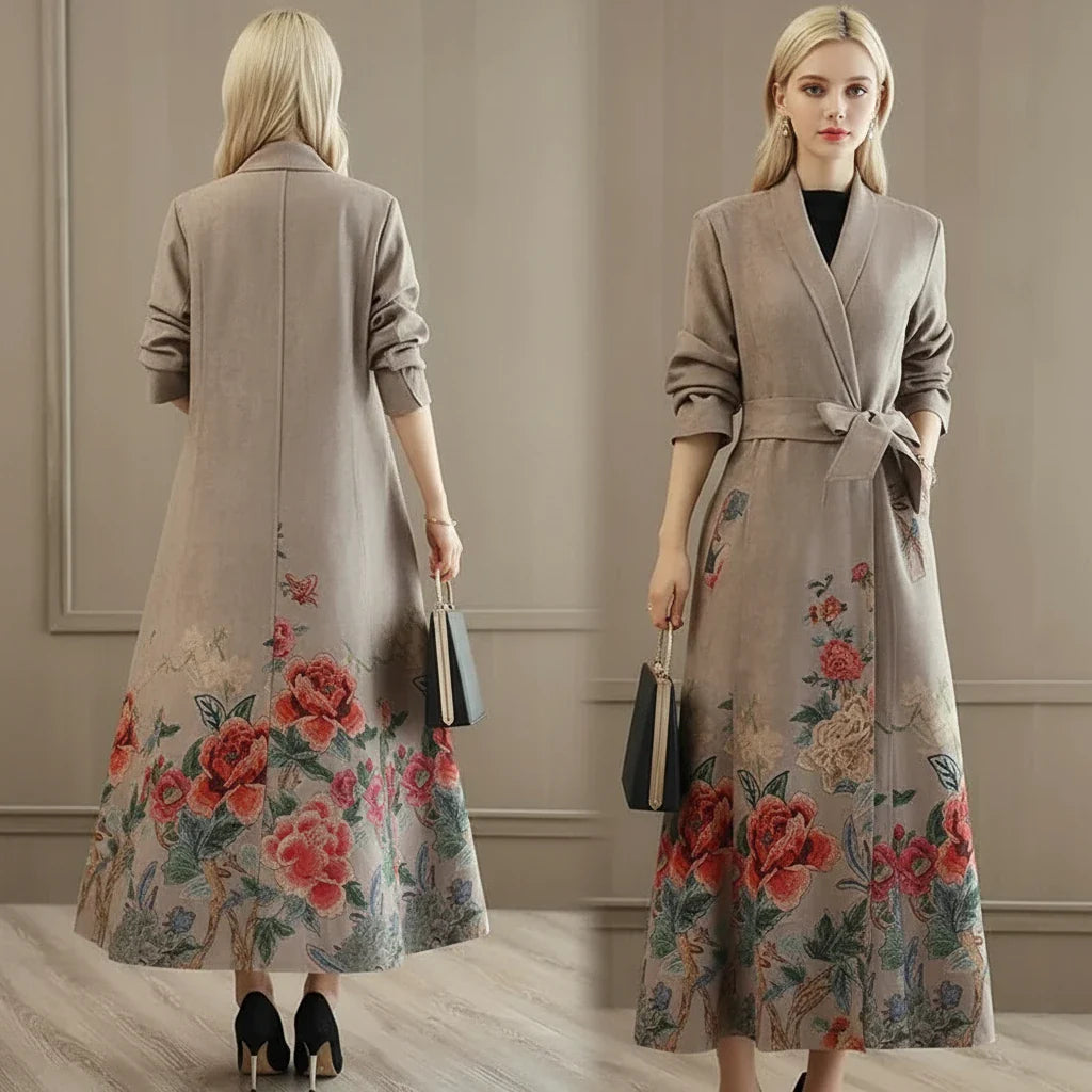 Floral Hem Suede Trench Coat – Elegant Long Wrap Coat for Women