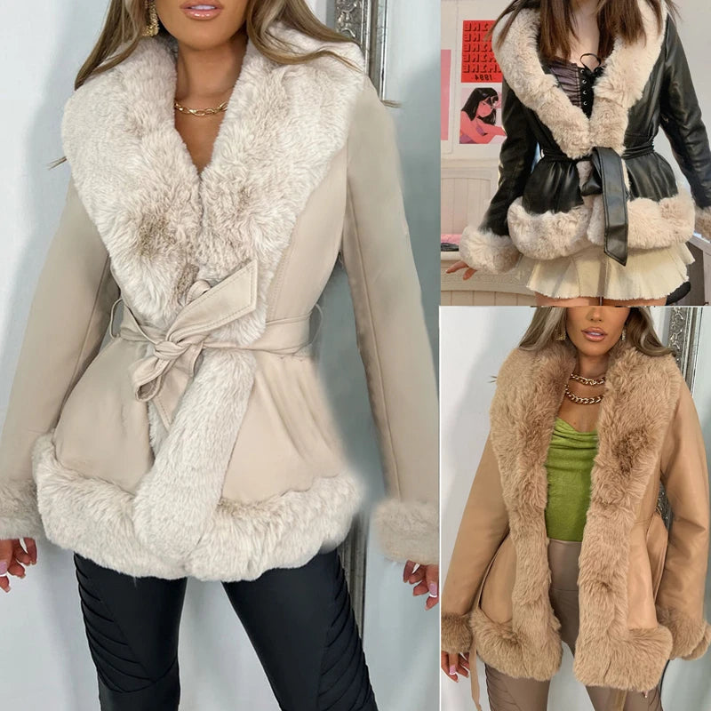 Women’s PU Leather Jacket with Faux Fur Collar – Slim Fit Winter Coat