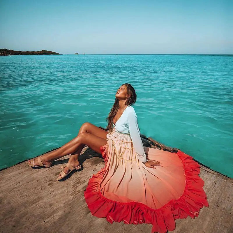 Women’s Summer Bohemian Ruffle Maxi Dress – Ombre Gradient Beach Look with Long Sleeves