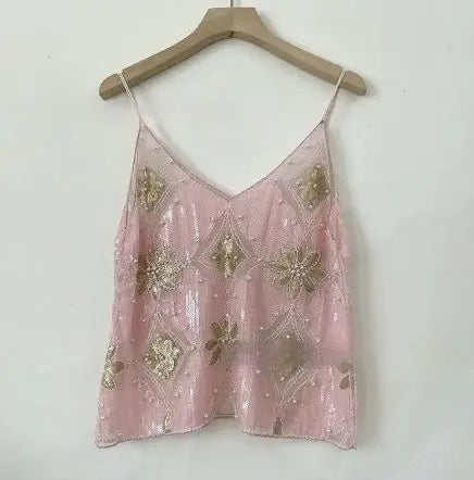 Sequin Beaded Cami Top – V-Neck Party Glam