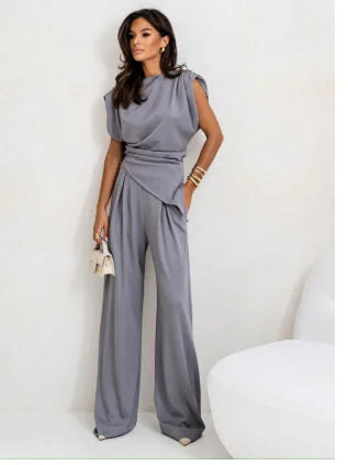 Elegant Women’s Two-Piece Pants Set – Irregular Draped Top & Wide-Leg Trousers