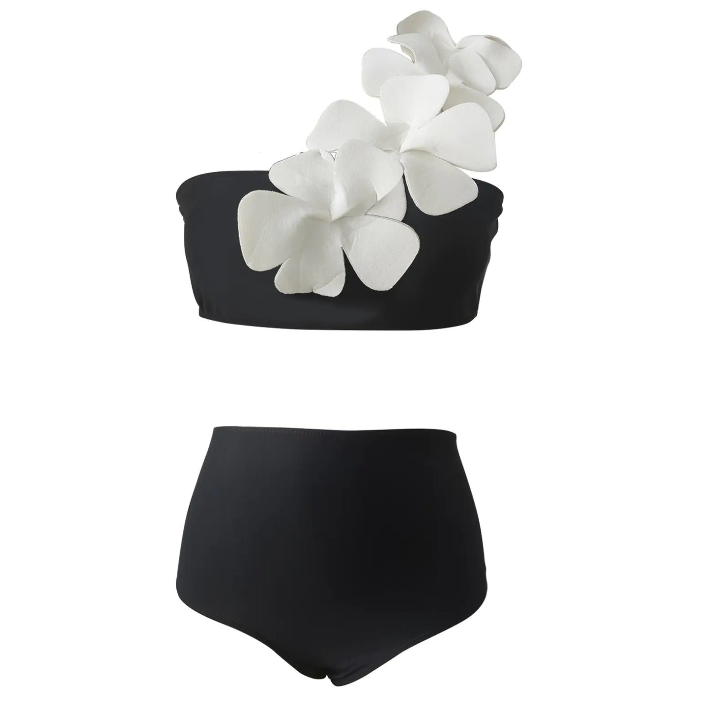 Black Floral Asymmetrical Bikini – High-Waist with 3D Flower Strap