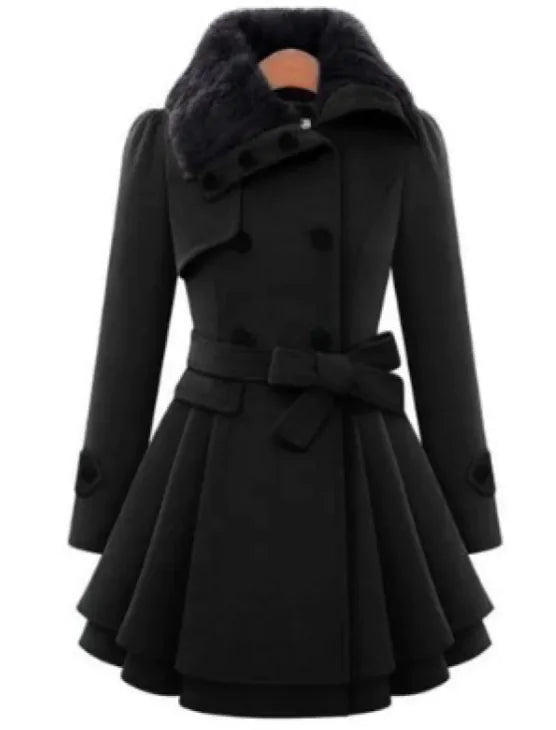 Women’s Double-Breasted Wool Coat – Slim Mid-Length Winter Jacket with Belt