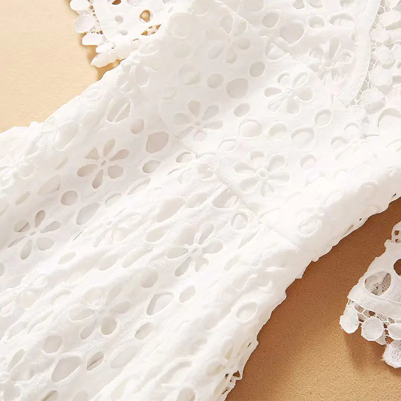 Elegant White Lace Midi Dress – Floral Cut-Out Detailing