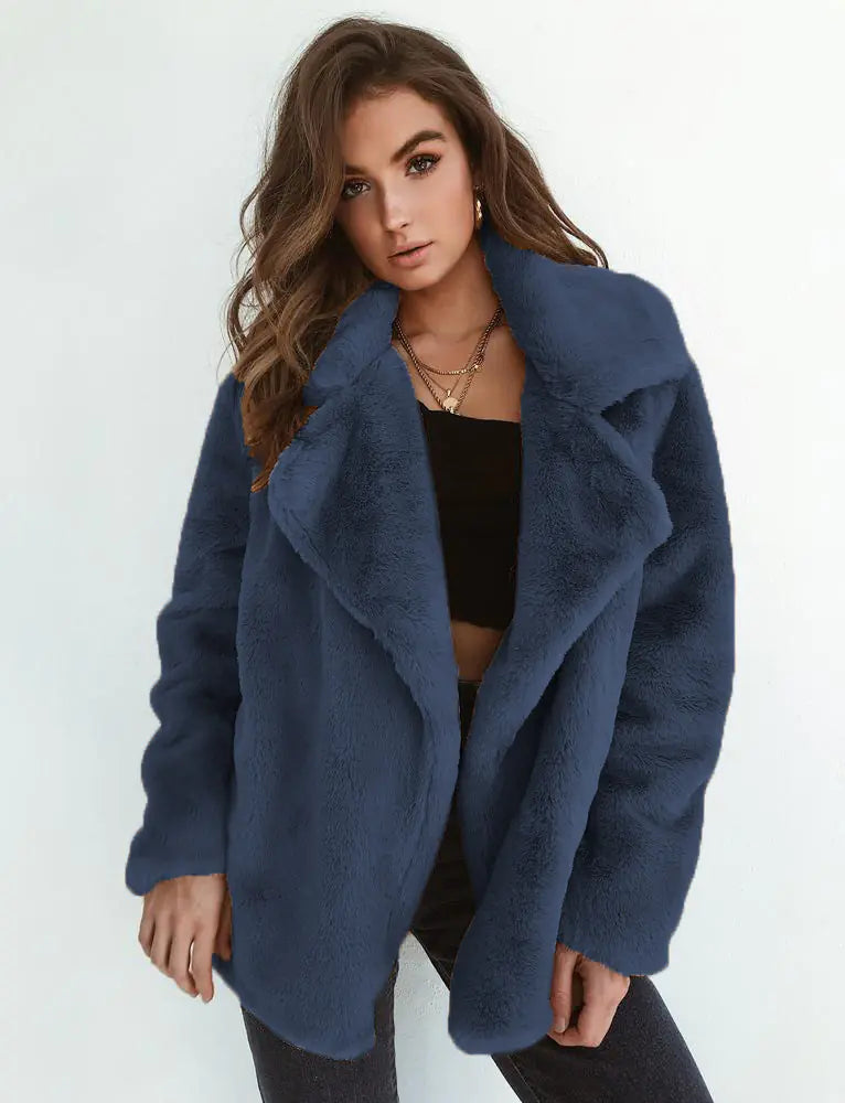 Soft Plush Faux Fur Coat – Cozy Open Front Winter Jacket