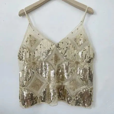 Sequin Beaded Cami Top – V-Neck Party Glam