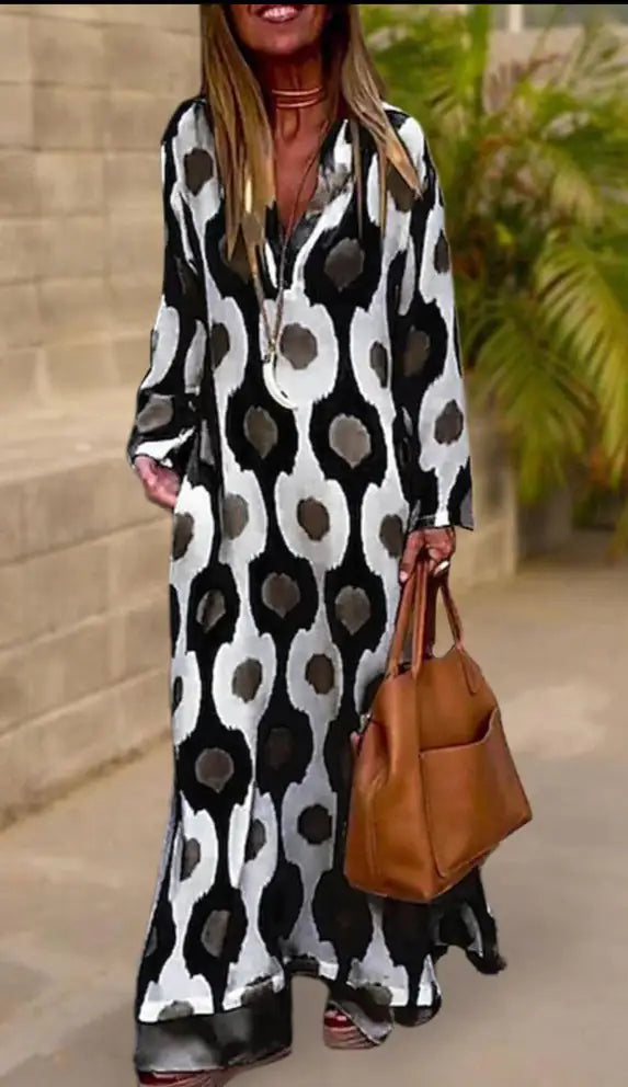 Boho Long Sleeve Printed Maxi Dress – Loose Fit V-Neck Kaftan Style