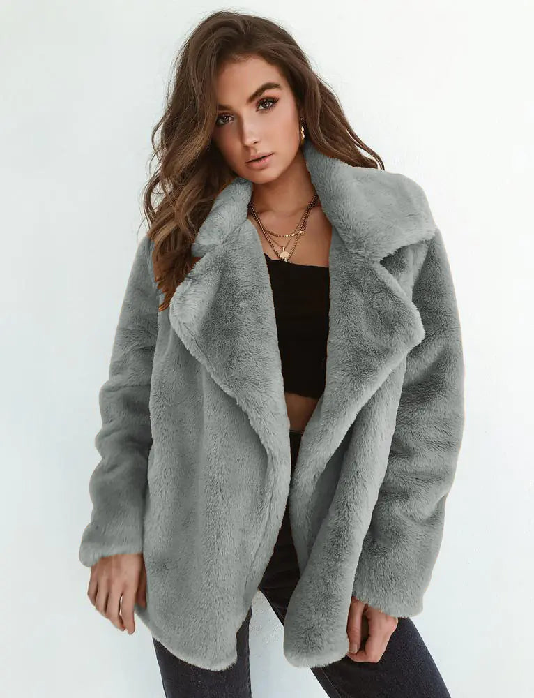 Soft Plush Faux Fur Coat – Cozy Open Front Winter Jacket
