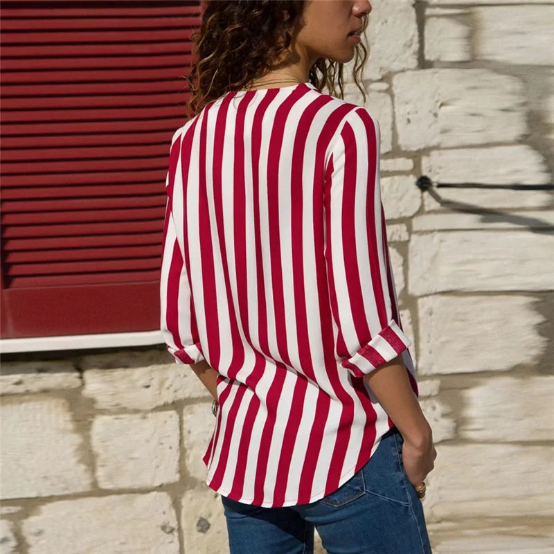 Vertical Stripe V-Neck Blouse for Women – Casual Chic Button Cuff Shirt