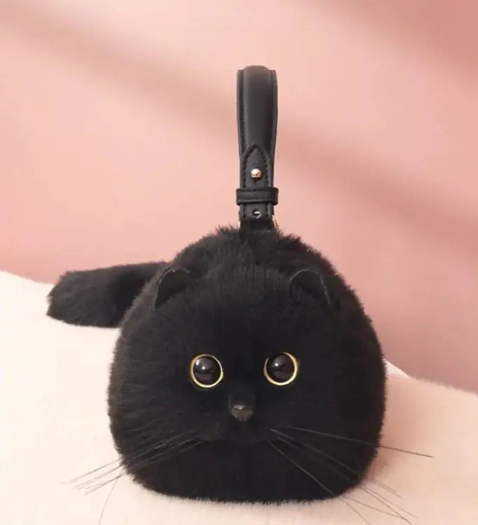 Handmade Plush Cat Shoulder Bag – Fluffy Crossbody Purse for Cat Lovers