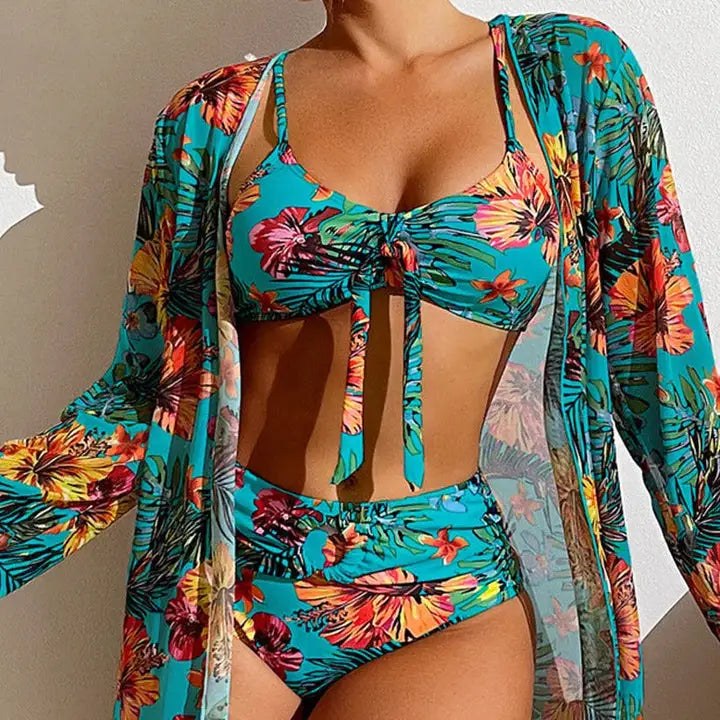 Three Piece Bikini Set - Floral Pattern