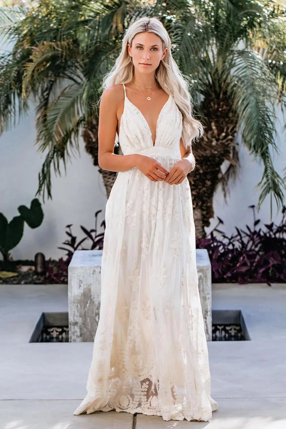 Romantic Off-White Lace Maxi Dress with Deep V-Neck & Spaghetti Straps
