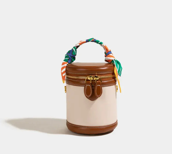 Women’s Barrel Crossbody Handbag with Scarf Handle – PU Leather Bucket Bag