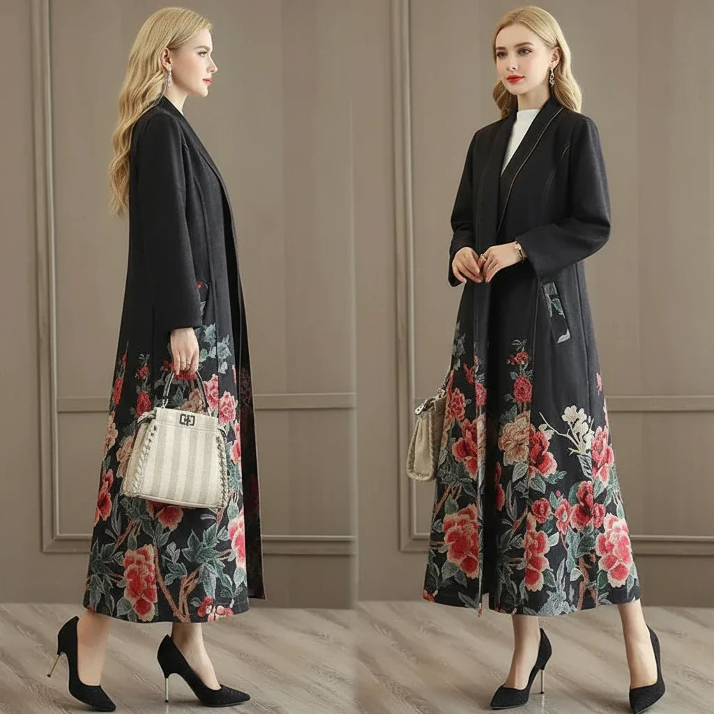 Floral Hem Suede Trench Coat – Elegant Long Wrap Coat for Women