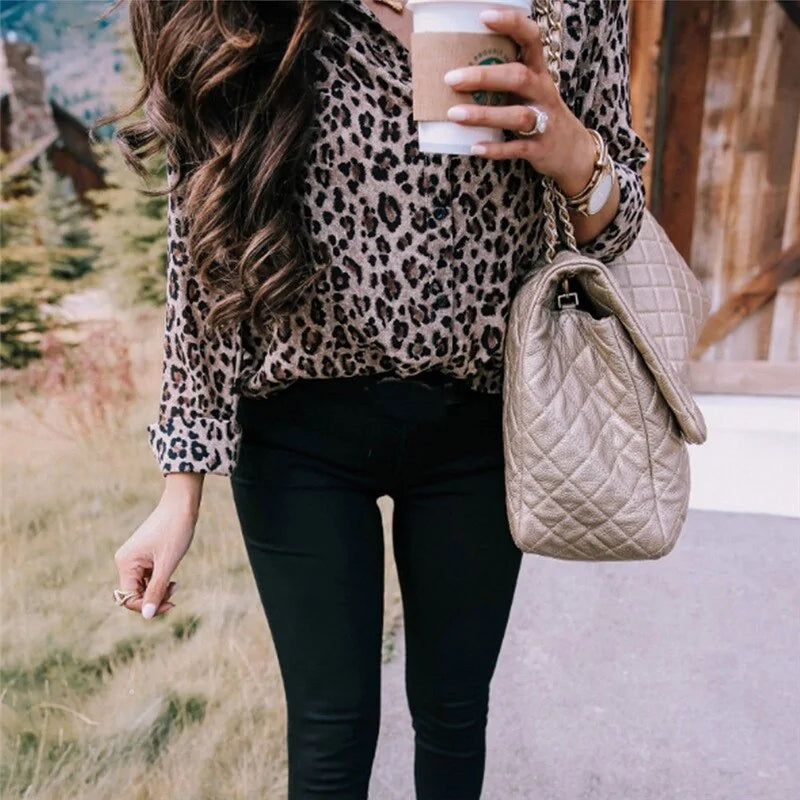 Chic Leopard Print Long Sleeve Blouse – Women’s Animal Print Fashion Top