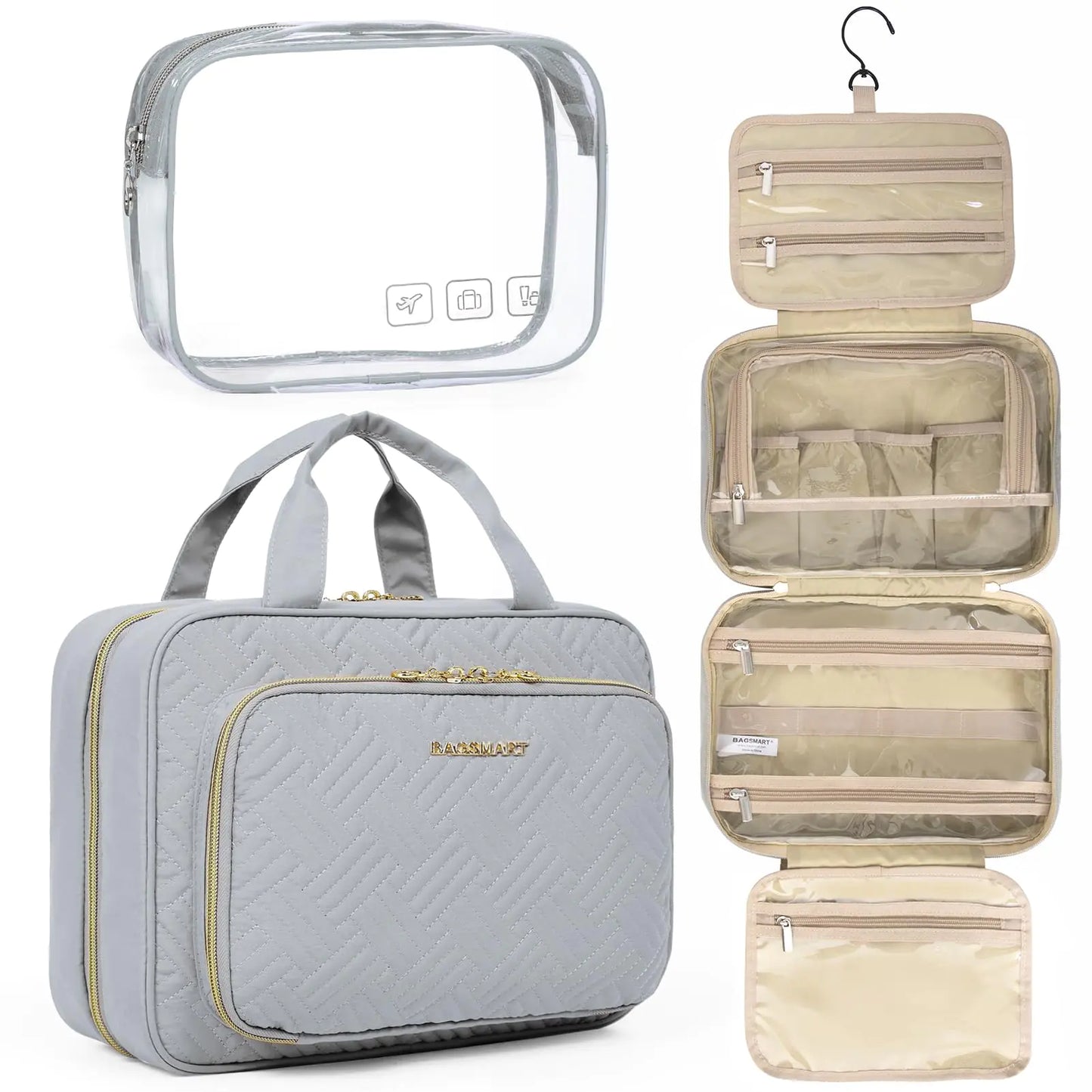 BAGSMART Toiletry Bag Hanging Travel Makeup Organizer with TSA Approved Transparent Cosmetic Bag Makeup Bag for Full Sized Toiletries, Medium-Grey Standard Grey