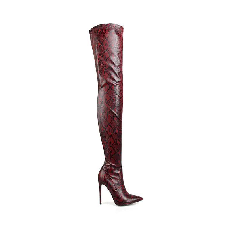 Women's Snakeskin Pointed Stiletto Knee High Boots