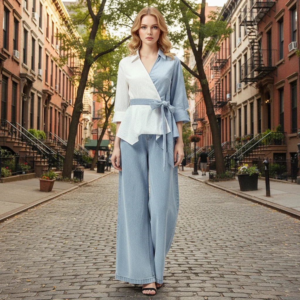 Chic 2-Piece Set – Denim-Look Wide Leg Pants + Colorblock Tie Shirt