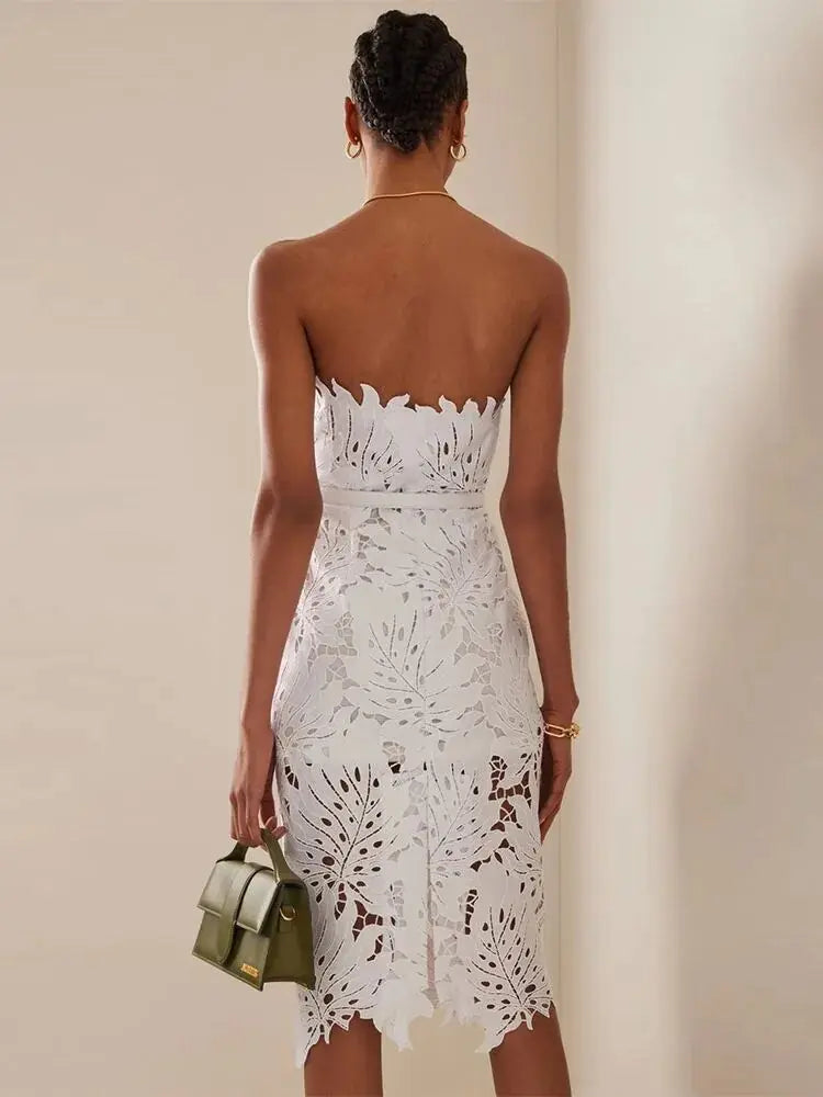 White Lace Cut-Out Midi Dress – Elegant Strapless Floral Party Look