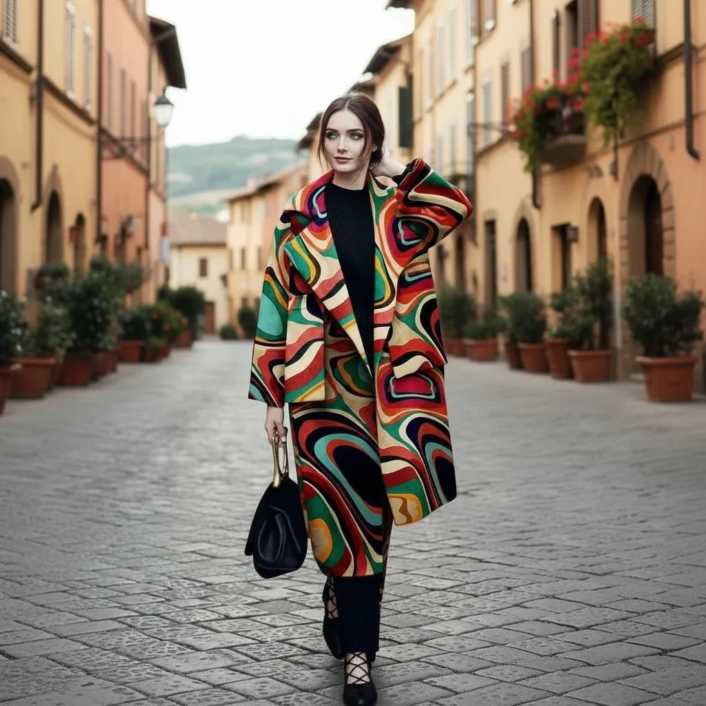 Retro Swirl Print Oversized Long Coat – Women’s Statement Street Style
