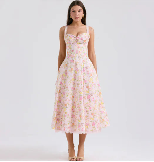 Valentina Lace Bustier Dress with Floral Print