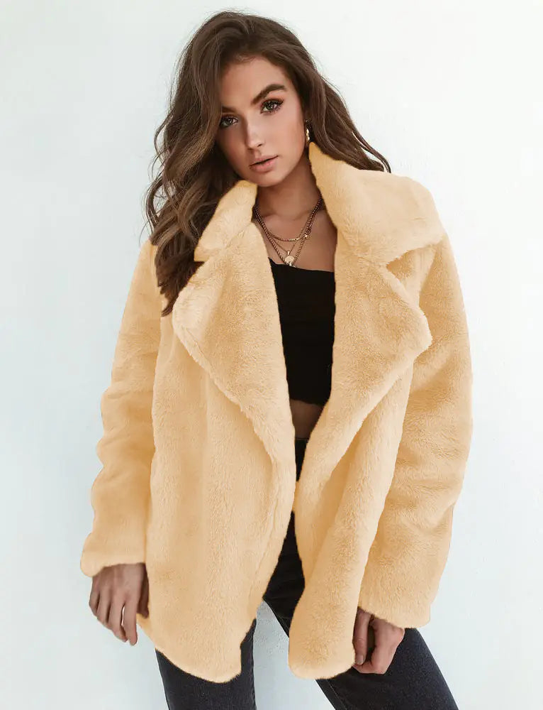 Soft Plush Faux Fur Coat – Cozy Open Front Winter Jacket